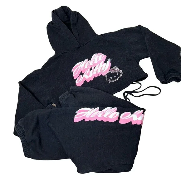 Hello Kitty sweatsuit cropped top and joggers rhinestone black/pink/solver SZ XS - Picture 1 of 12